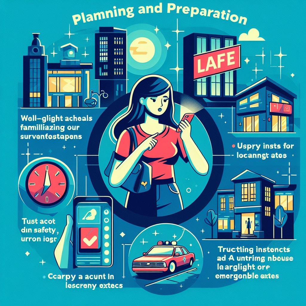 An image illustrating the concept of 'Planning and Preparation' for late-night female workers. It should depict a woman being aware of her surroundings, familiarizing herself with well-lit areas, security measures, and emergency exits. The image should also convey the importance of communicating one's schedule to a trusted person, using a safety app for real-time location tracking, trusting instincts to avoid uncomfortable situations, carrying a flashlight or headlamp in unlit areas, wearing reflective gear or brightly colored clothing for visibility, avoiding distractions like using a phone unnecessarily, and walking with purpose, confidence, and maintaining eye contact.