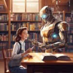 An AI Tutoring Service robot with glowing eyes provides guidance to a female student in a library setting