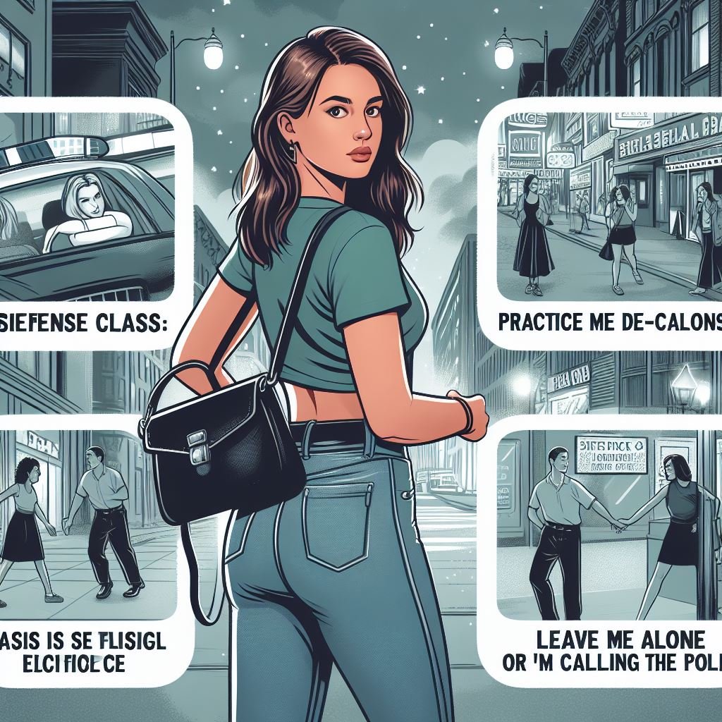 A woman with “Street Smarts” is depicted walking confidently, surrounded by comic-style panels showcasing self-defense techniques