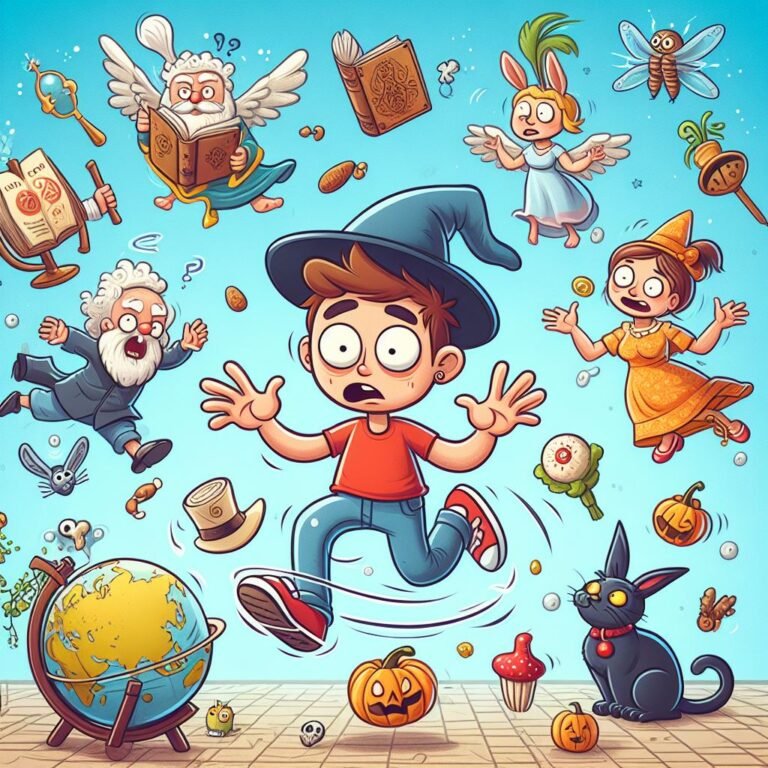 Boy in wizard hat amid magical chaos: flying books, black cat, fairies, and fortune-telling figures in a funny superstitions-themed scene