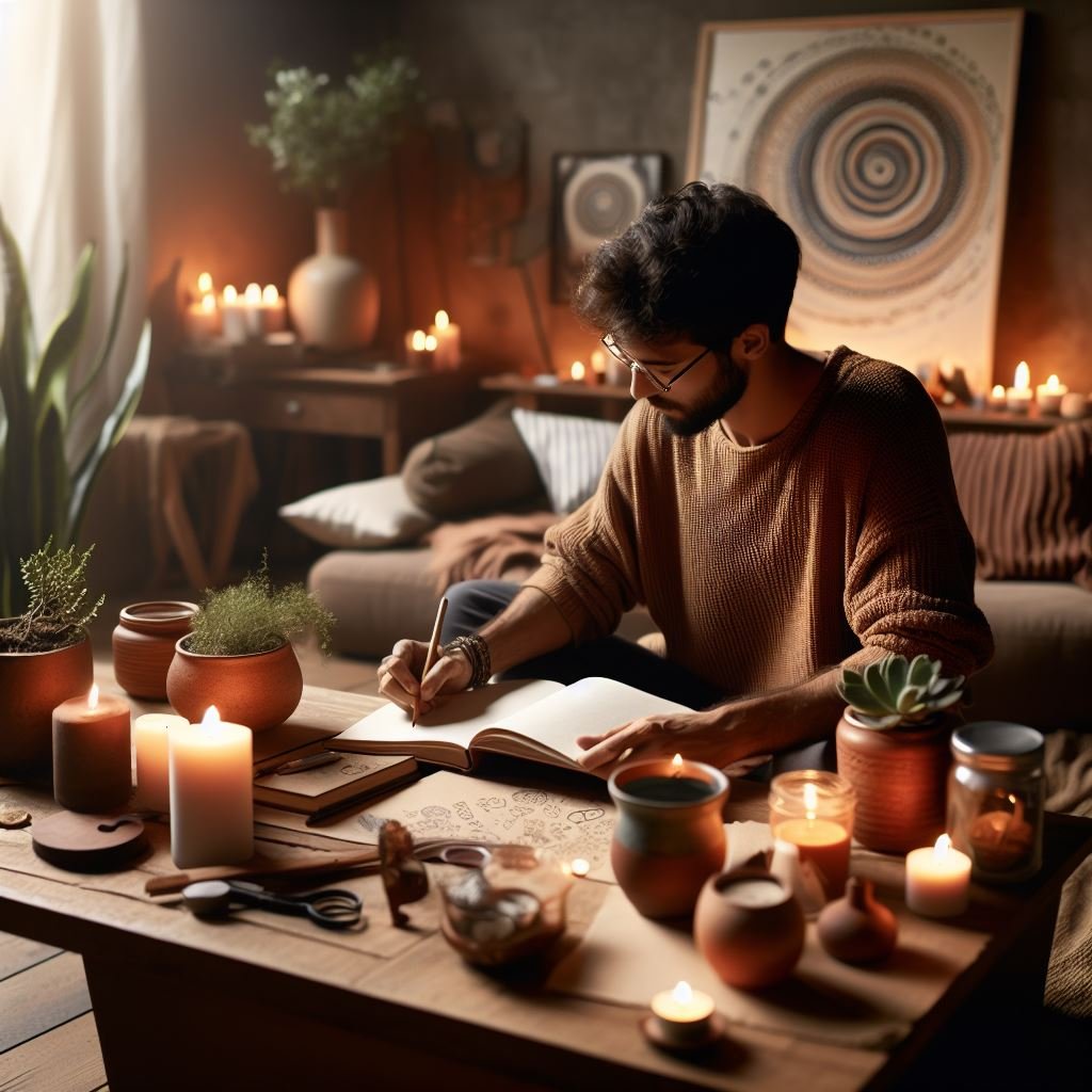 A person engaged in journaling, surrounded by elements that evoke a sense of mindfulness and reflection, sitting in a comfortable and serene environment, outdoors in nature or indoors in a cozy space, writing in a journal with focused attention and a relaxed posture, with soft natural lighting, plants, candles, and calming artwork to enhance the atmosphere of mindfulness, capturing the quiet concentration and introspection of the journaling process.