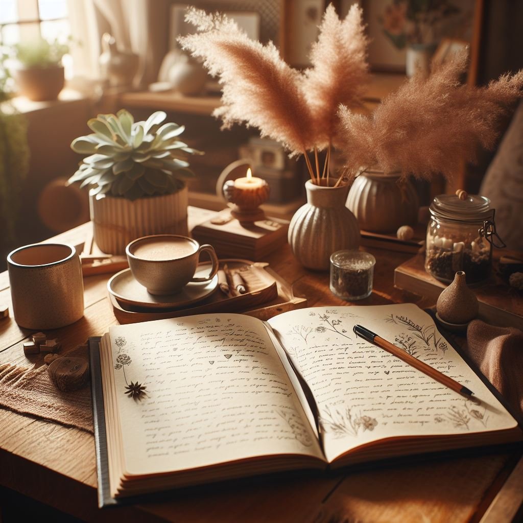 A cozy, well-lit space with a mindful journal, pen, and a cup of tea or coffee on a wooden table, open to a page filled with handwritten prompts for self-discovery, surrounded by soft lighting, with elements of nature like plants or flowers, and subtle textures and details for warmth and depth.