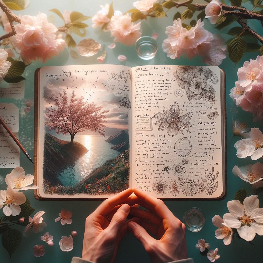 Hands holding an open journal with a printed image of a blossoming tree beside a lake on the left page, and handwritten notes and sketches of flowers on the right, surrounded by real flowers