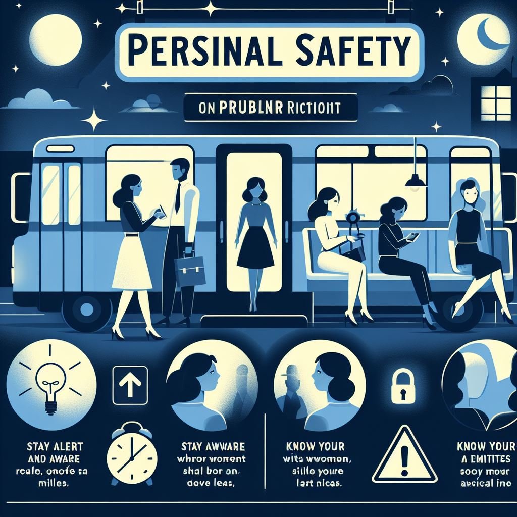 An illustrative guide titled ‘Street Smarts’ depicts a night scene on public transportation, emphasizing personal safety with icons and tips for staying alert, sitting in well-lit areas, and knowing emergency exits