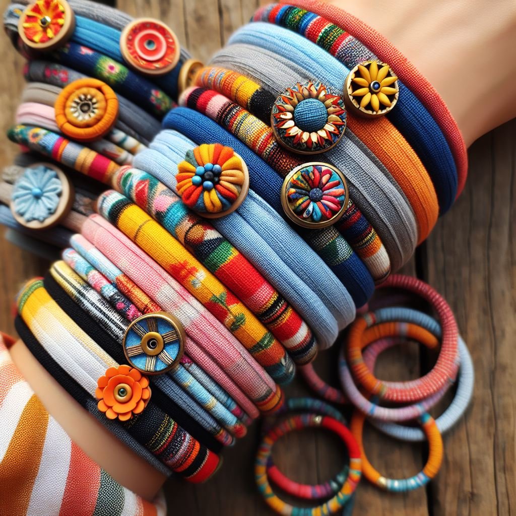 trendy fabric bangles made from upcycled fabric scraps or colorful strips from old clothes, adhered to bangles made of wood, plastic, or cardboard, showcasing eco-friendly flair