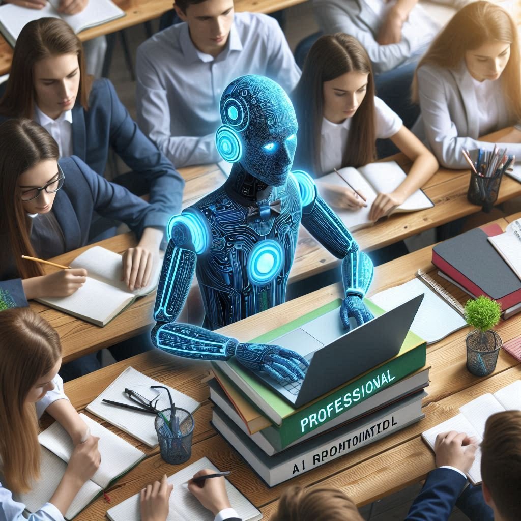 An AI-powered content creation robot conducts a professional meeting, showcasing the integration of artificial intelligence in workplace collaboration.