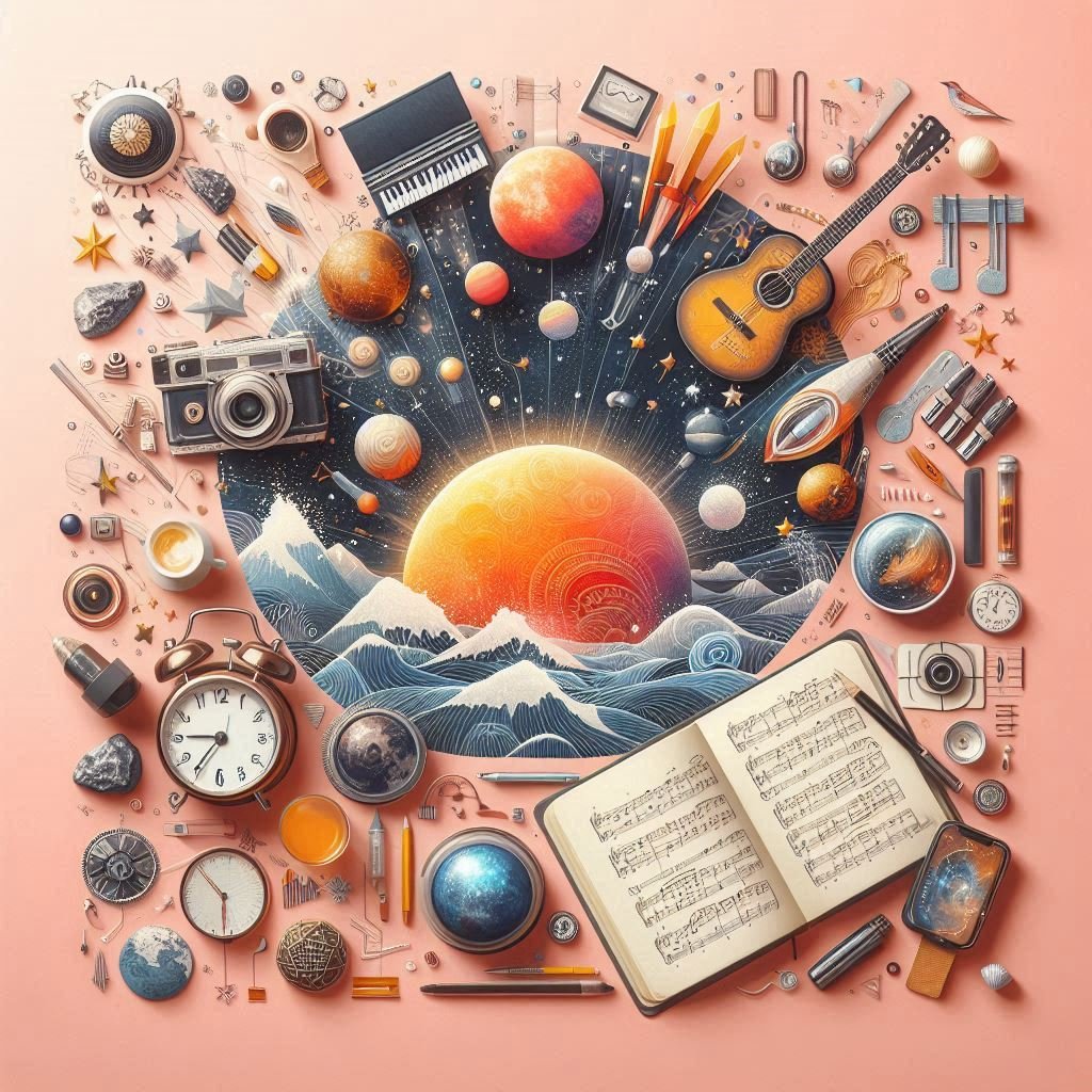 A vibrant composition featuring musical instruments, celestial bodies, a camera, a clock, and an open book with musical notes, all orbiting around a radiant sun rising behind snowy mountains.