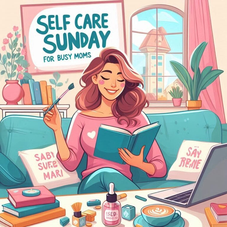 A cozy ‘Self Care Sunday’ scene with a person on a teal sofa, surrounded by books, a laptop, and skincare products, under the banner ‘SELF CARE SUNDAY FOR BUSY MOMS’, highlighting a day of relaxation and personal care.