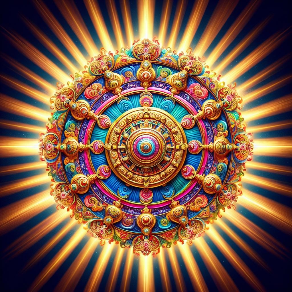 An artistic representation of the Dharmachakra, featuring a wheel with eight spokes in vivid colors, surrounded by radiant beams of light