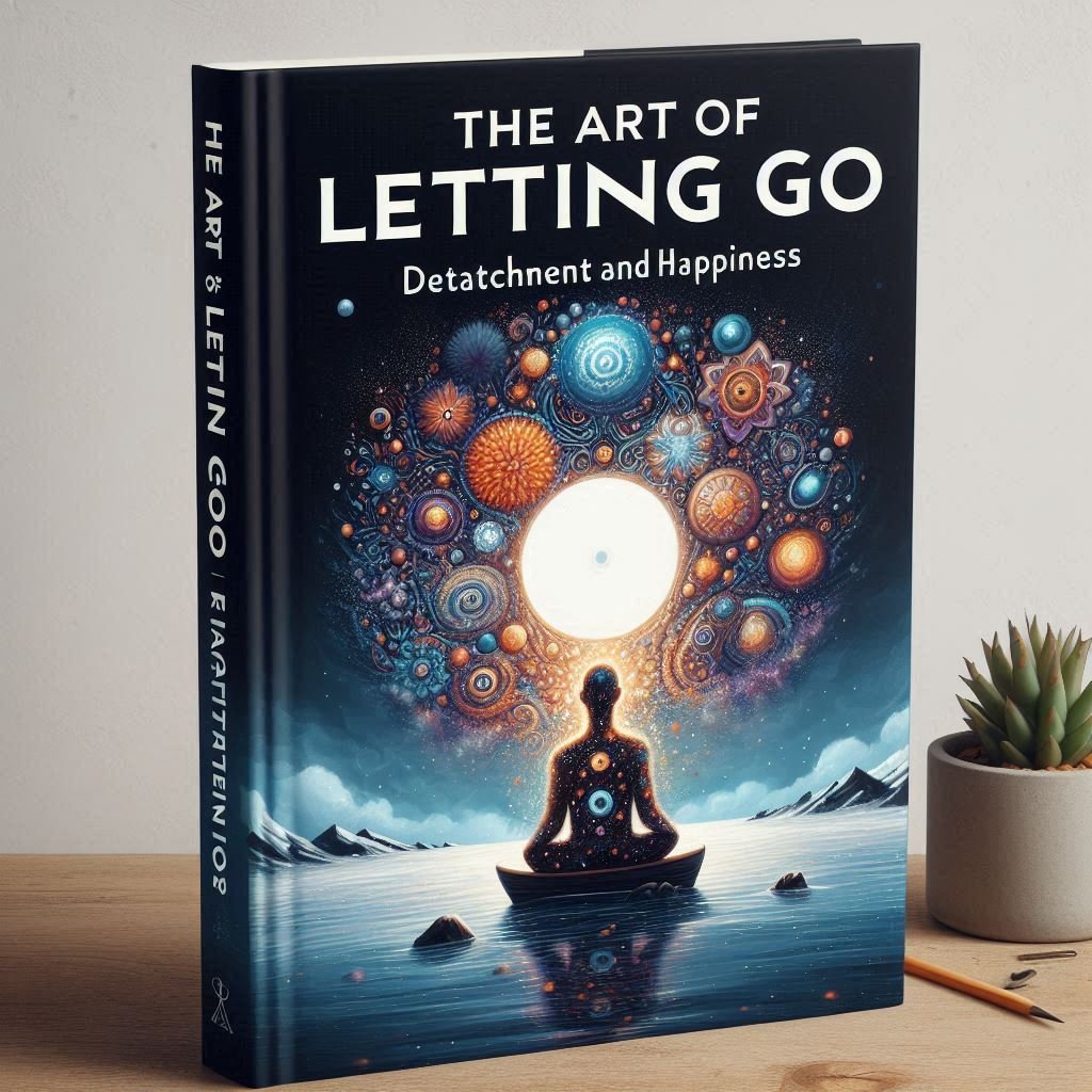 Cover image for the book ‘The Art of Letting Go: Detachment and Happiness,’ featuring a serene landscape with a figure standing at the edge of a cliff, symbolizing the release of burdens and the embrace of tranquility.