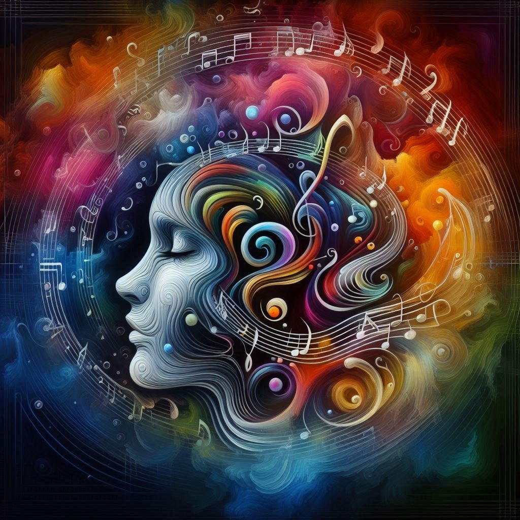 An abstract representation of the intertwining of music and emotion, featuring vibrant colors and dynamic shapes that suggest movement and harmony.