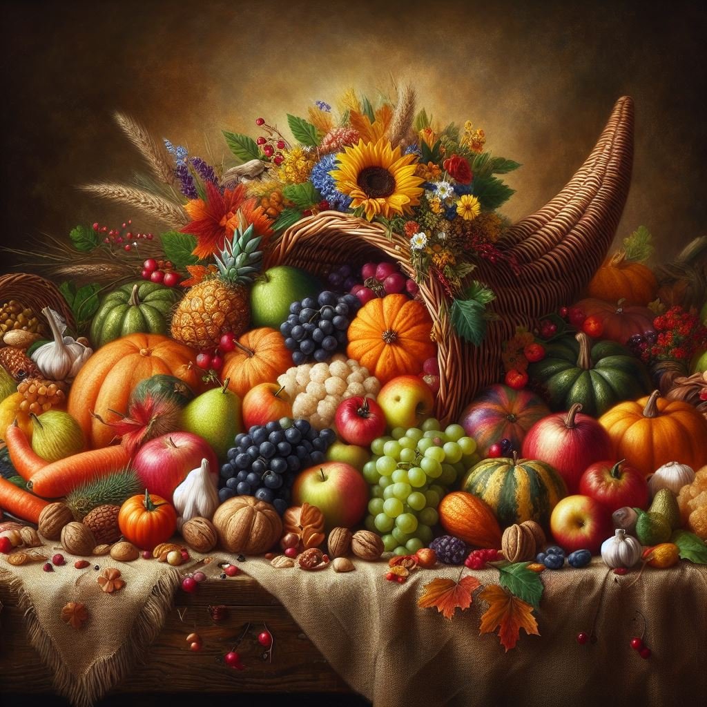 Illustration of a cornucopia overflowing with an abundance of fruits and vegetables